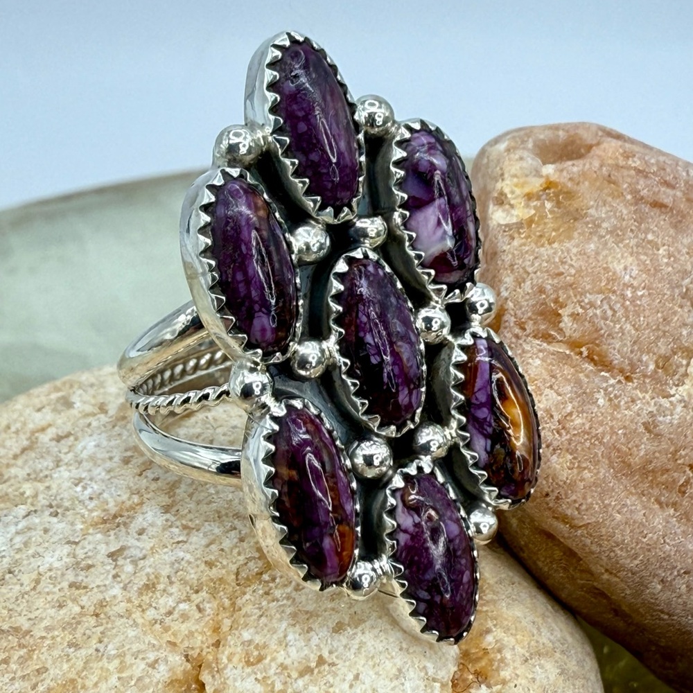 Native American Sterling Silver Purple Spiny Oyster 7-Stone Ring Roberta Begay - Picture 3 of 17